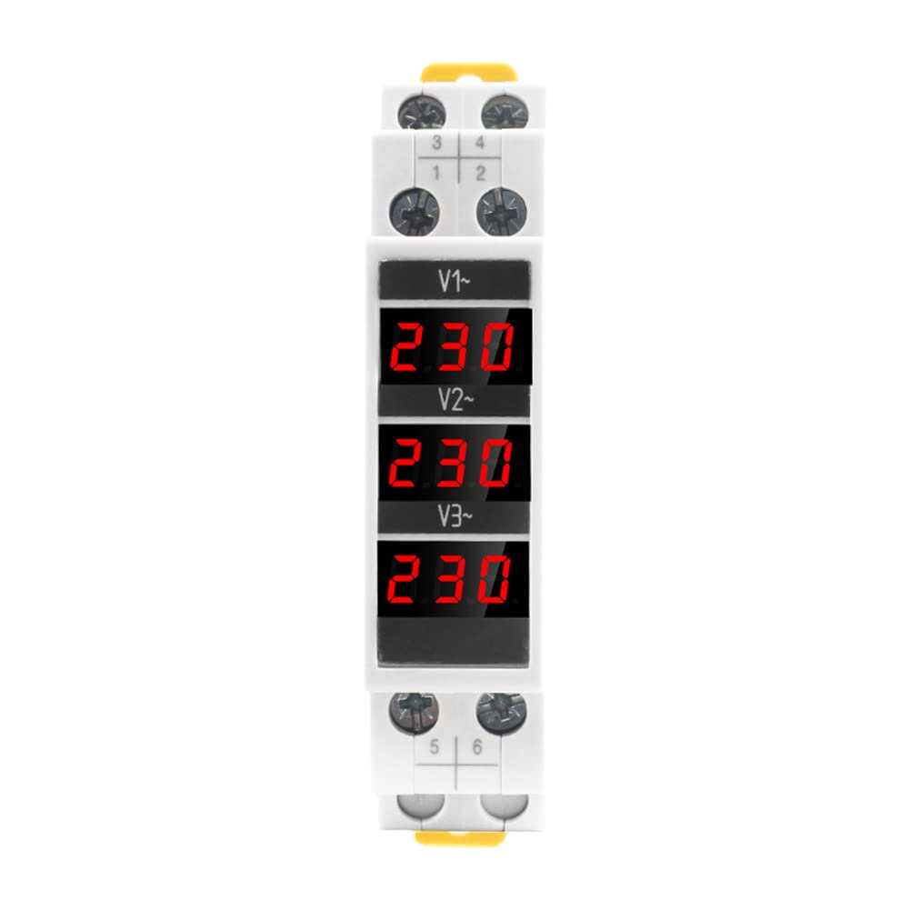 3-Phase Voltage Meter, AC 80-500V Mini Voltage Tester with Accurate LED Display Reading & Din Rail Mount