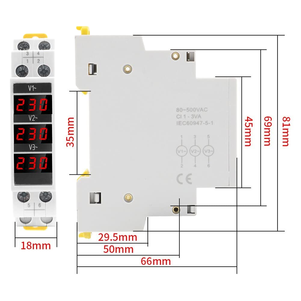 3-Phase Voltage Meter, AC 80-500V Mini Voltage Tester with Accurate LED Display Reading & Din Rail Mount