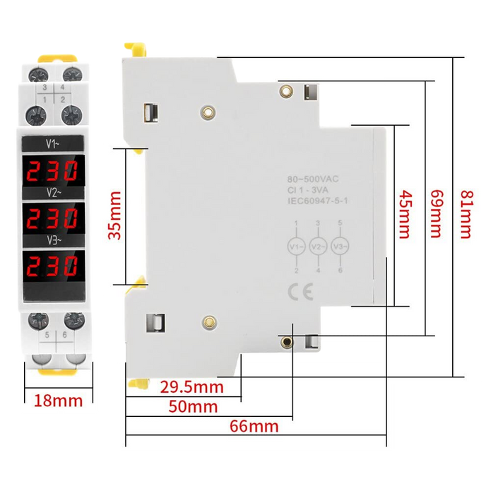3-Phase Voltage Meter, AC 80-500V Mini Voltage Tester with Accurate LED Display Reading & Din Rail Mount