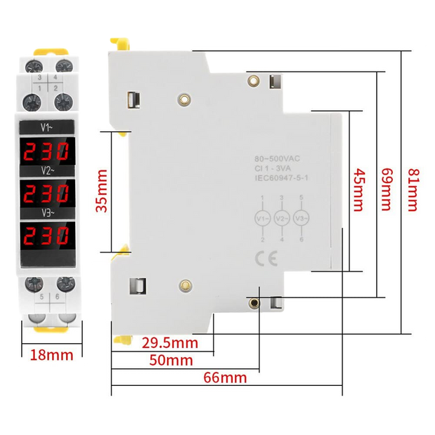 3-Phase Voltage Meter, AC 80-500V Mini Voltage Tester with Accurate LED Display Reading & Din Rail Mount