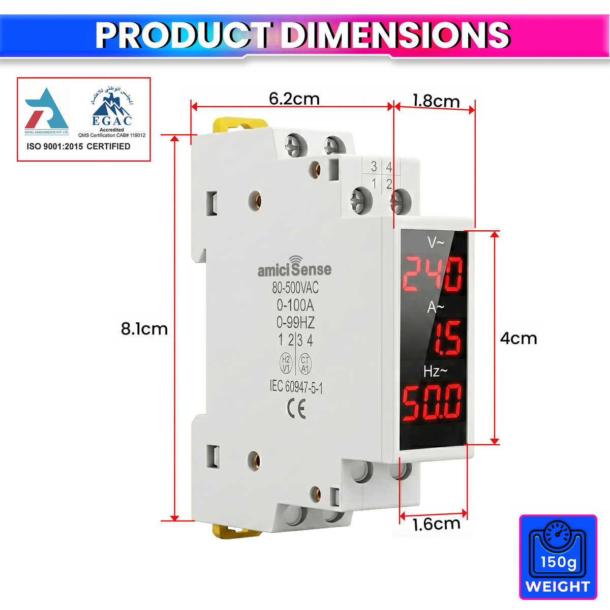 3-in-1 Voltage, Current & Frequency Meter 80- 500V AC, 100A with External CT & Clear LED Display