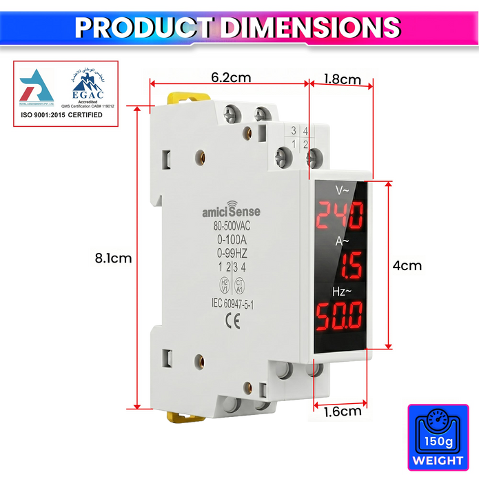 3-in-1 Voltage, Current & Frequency Meter 80- 500V AC, 100A with External CT & Clear LED Display