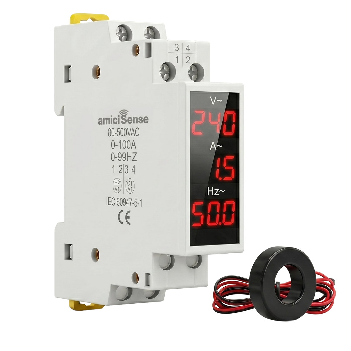 3-in-1 Voltage, Current & Frequency Meter 80- 500V AC, 100A with External CT & Clear LED Display