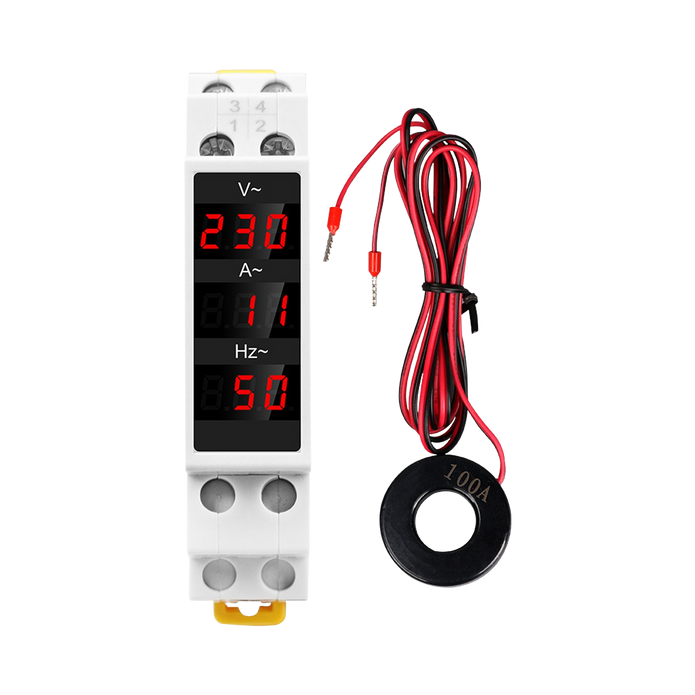 3-in-1 Voltage, Current & Frequency Meter 80- 500V AC, 100A with External CT & Clear LED Display