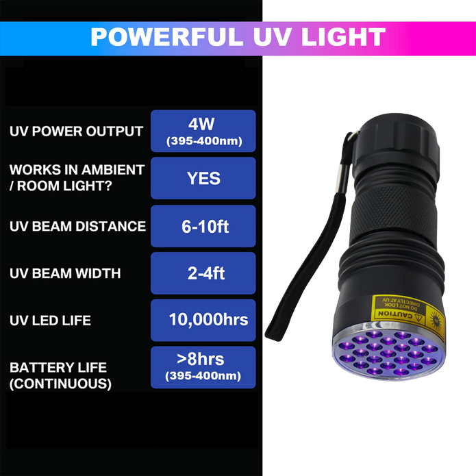 21LED UV Flashlight, 395~400nm Ultra-Violet Metal Torch Black Light
