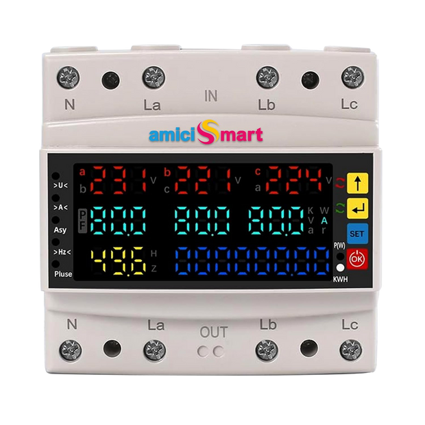 3-Phase Energy Meter 80A – Auto-Reconnect, Over/Under Voltage & Current Protection with LCD Display