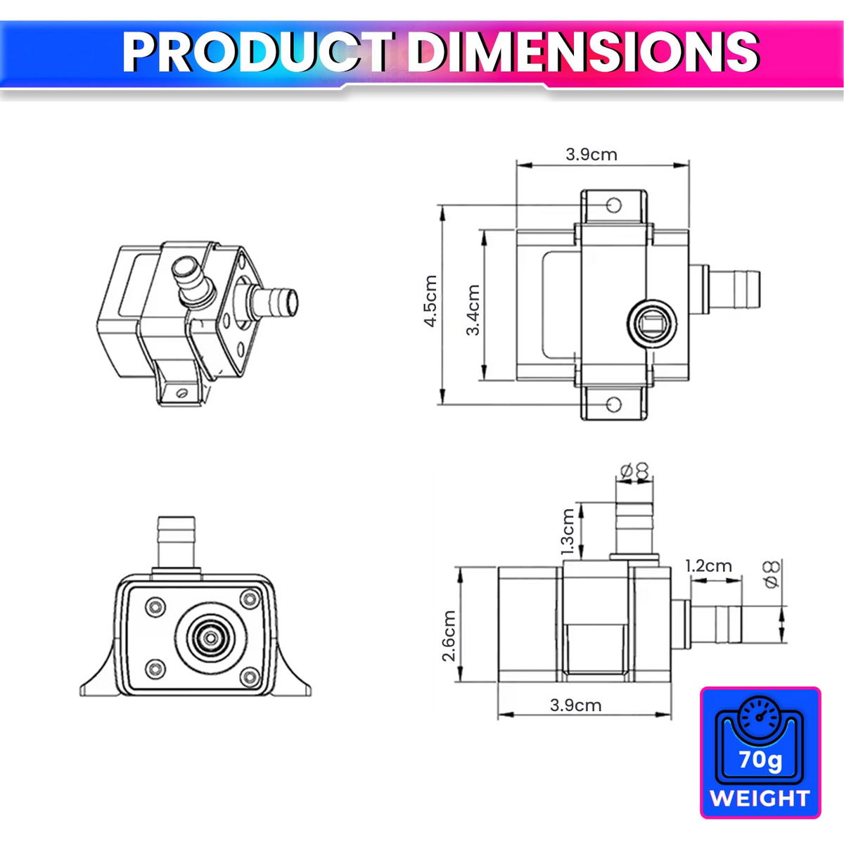 12V DC Brushless Submersible Water Pump, 4.8W Motor 240LPH Flow Rate, 3M Lift Height & Ultra-Quiet Operation