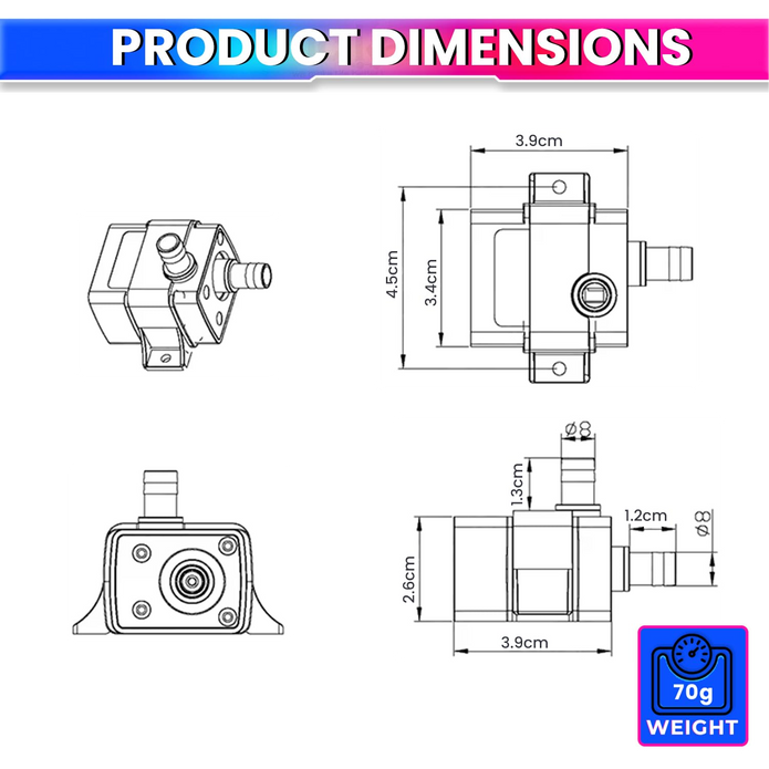 12V DC Brushless Submersible Water Pump, 4.8W Motor 240LPH Flow Rate, 3M Lift Height & Ultra-Quiet Operation