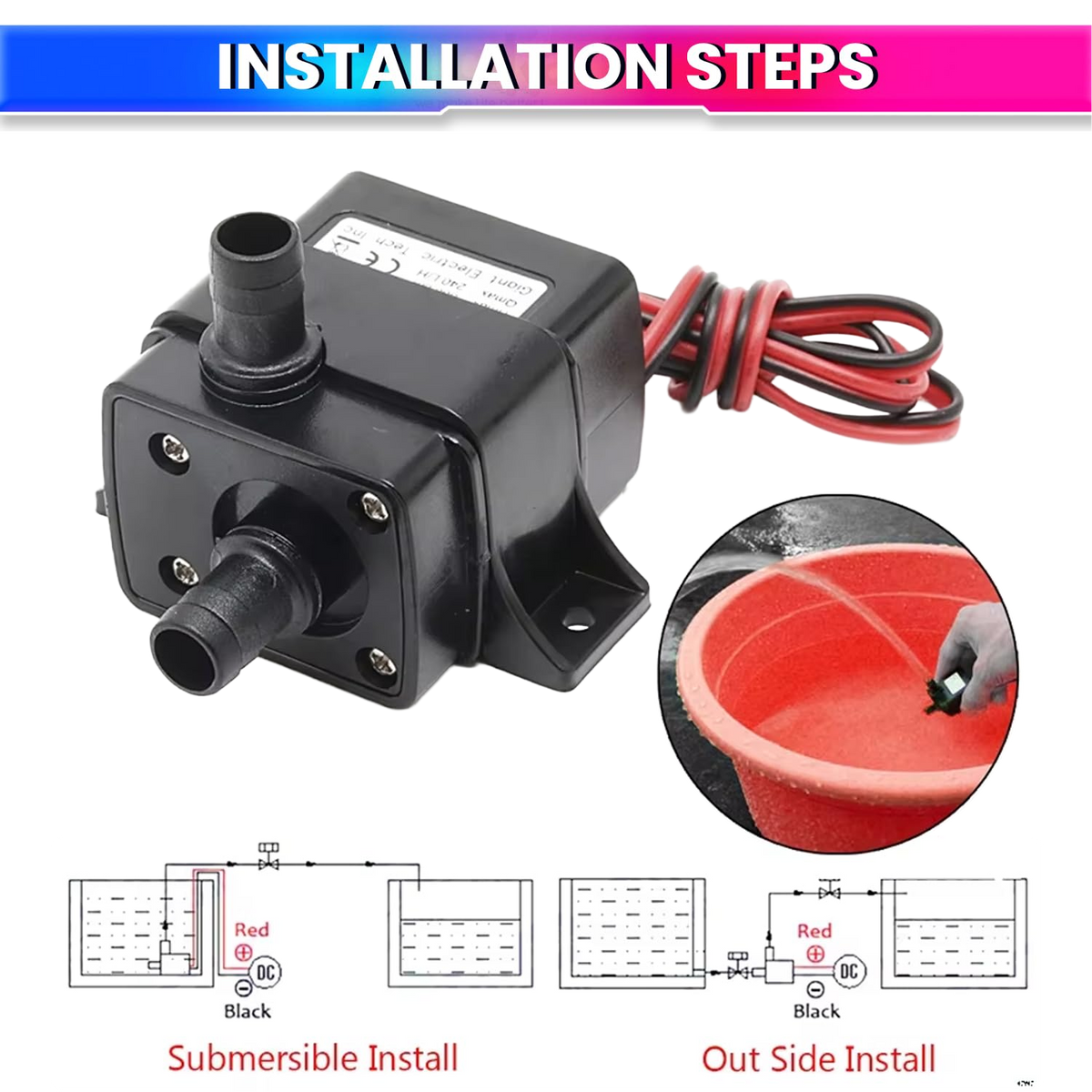 12V DC Brushless Submersible Water Pump, 4.8W Motor 240LPH Flow Rate, 3M Lift Height & Ultra-Quiet Operation