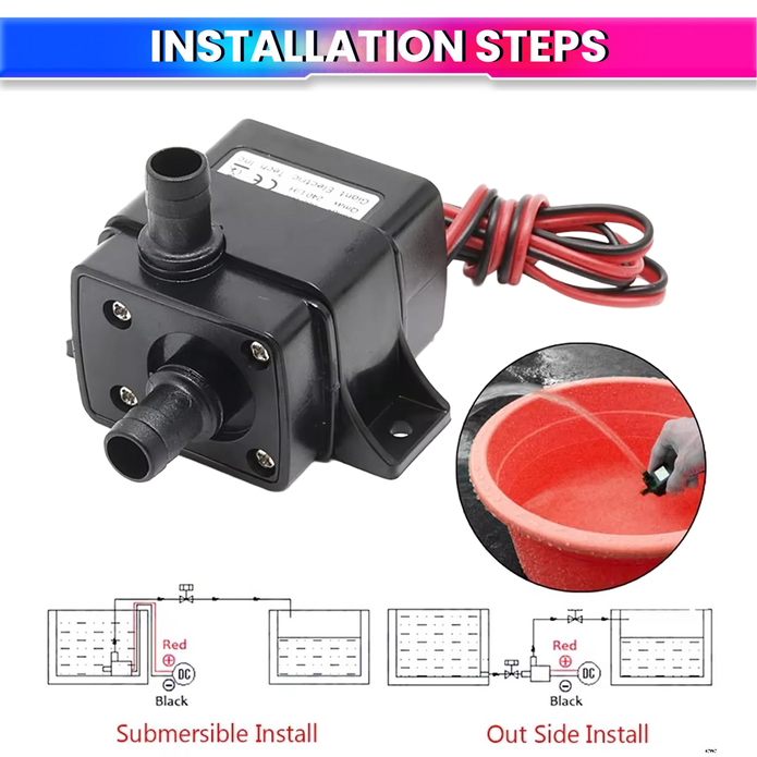 12V DC Brushless Submersible Water Pump, 4.8W Motor 240LPH Flow Rate, 3M Lift Height & Ultra-Quiet Operation