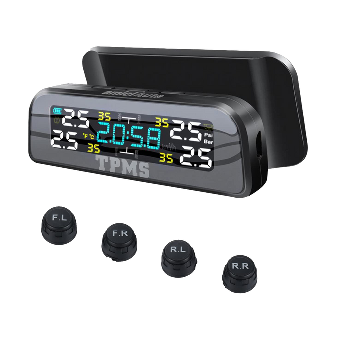 Wireless Car TPMS, Solar Powered Tyre Pressure Monitoring System with External Sensor for 4 Wheeler, with Dashboard Clock
