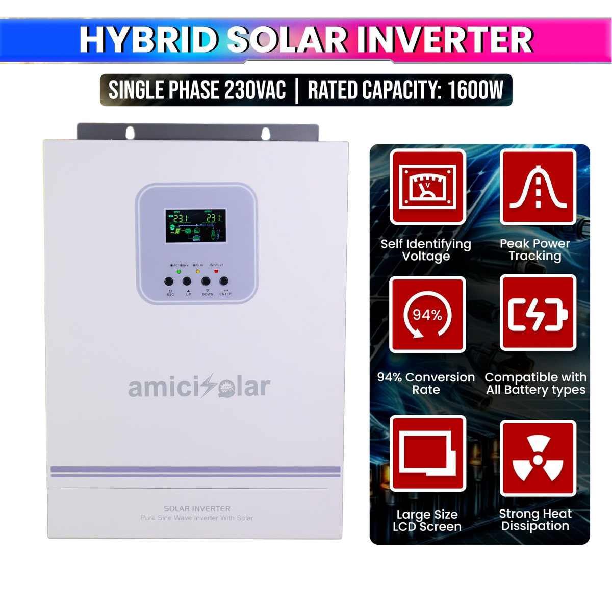 MPPT Solar Inverter | Dual AC & DC Input| Supports 2000W Solar Panel (1.6kW Hybrid Inverter)
