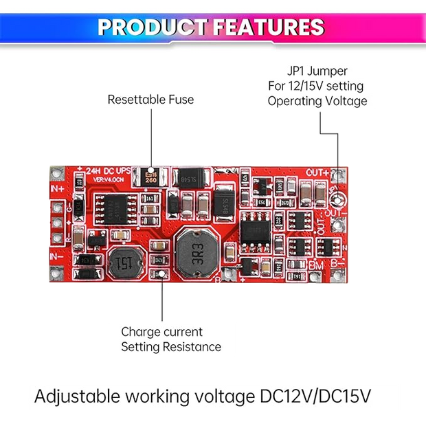DC 12V/15V UPS Power Supply Module – 24W Backup with Step-Up Converter & Battery Protection