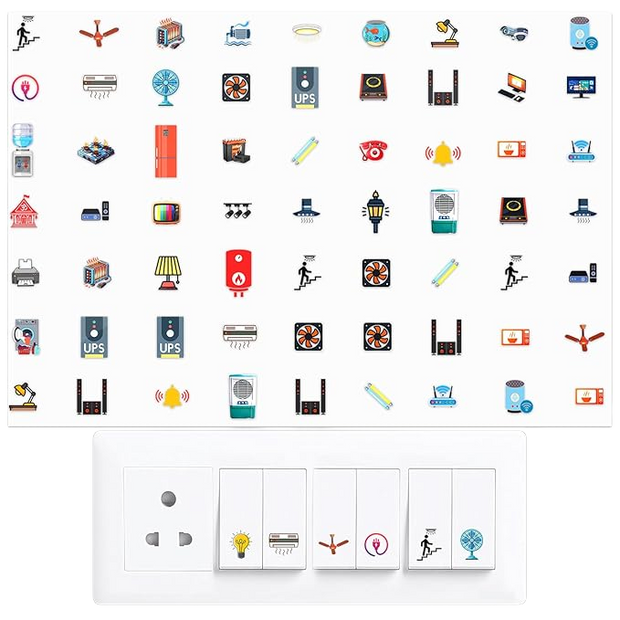 Switch Board Stickers – 42 Designs with 442 Icons, Water-Resistant Self-Adhesive Labels