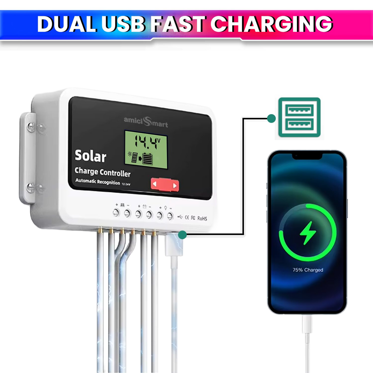 10A Solar Charge Controller Intelligent Battery Regulator for Lead Acid & Lithium Battery with 3A USB Port