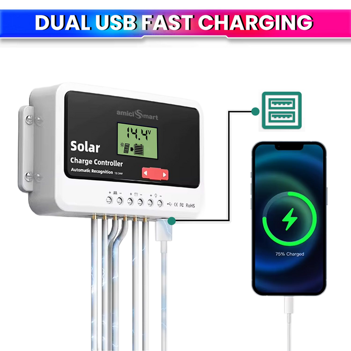 10A Solar Charge Controller Intelligent Battery Regulator for Lead Acid & Lithium Battery with 3A USB Port