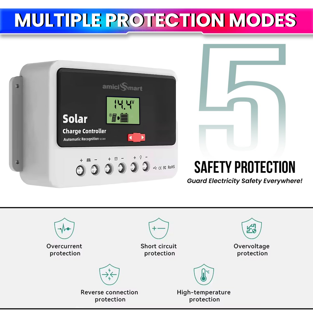 10A Solar Charge Controller Intelligent Battery Regulator for Lead Acid & Lithium Battery with 3A USB Port
