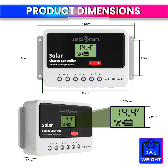 10A Solar Charge Controller Intelligent Battery Regulator for Lead Acid & Lithium Battery with 3A USB Port