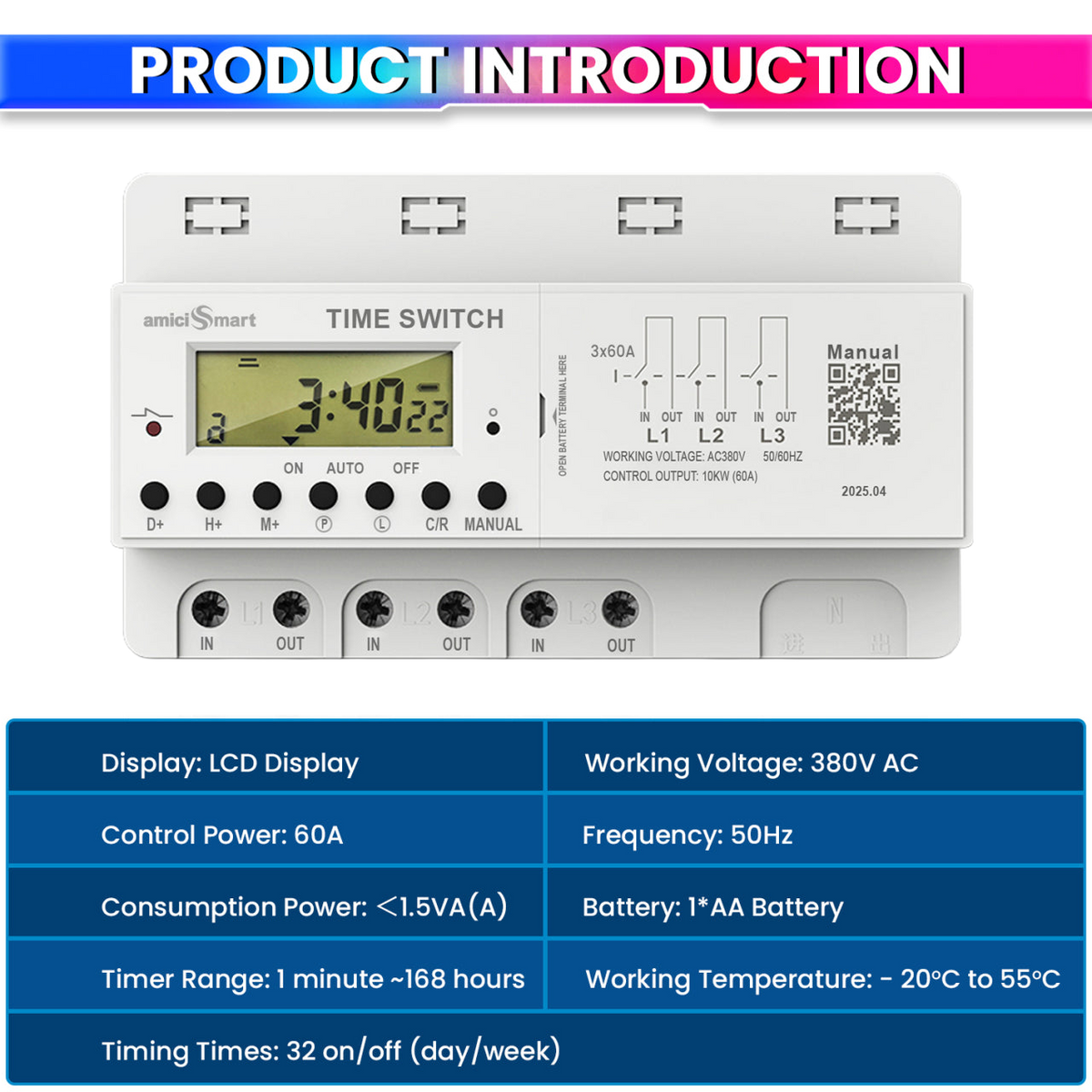 Digital Timer Switch for Heavy Load Use LCD Display Weekly Timer Relay with 380V 60A 3 Phase, 50Hz