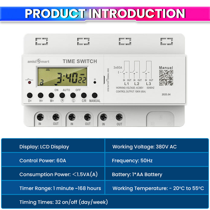 Digital Timer Switch for Heavy Load Use LCD Display Weekly Timer Relay with 380V 60A 3 Phase, 50Hz