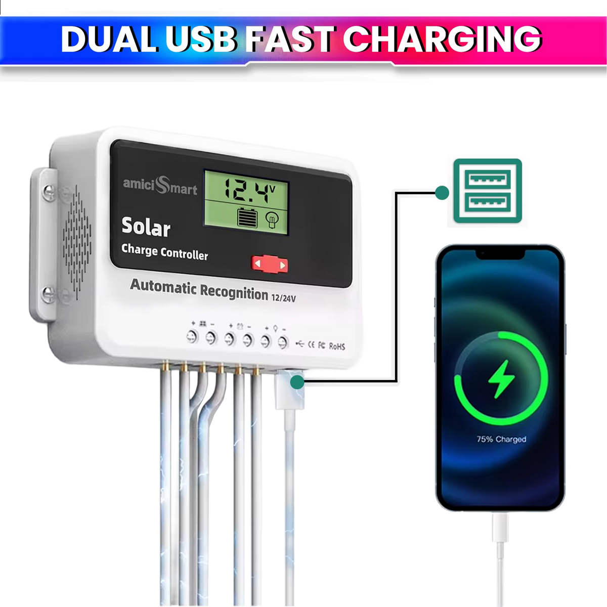 20A Solar Charge Controller Intelligent Battery Regulator for Lead Acid & Lithium Battery with 3A USB Port