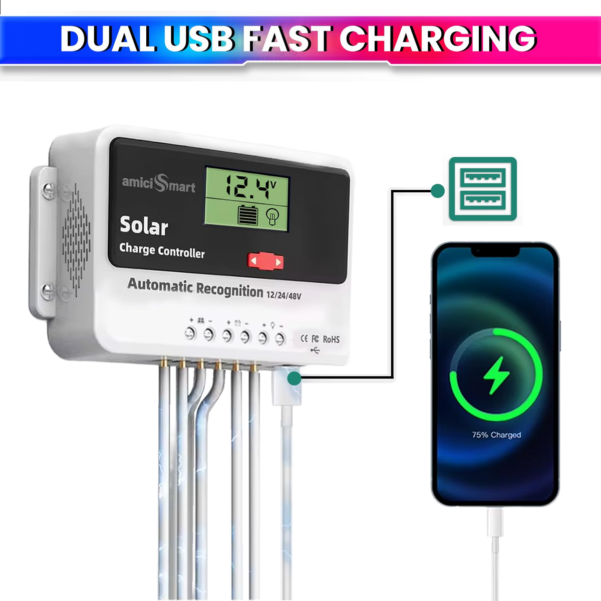 Solar Charge Controller 50A, Intelligent Battery Regulator for Solar Panel LCD Display with USB Port (50A)