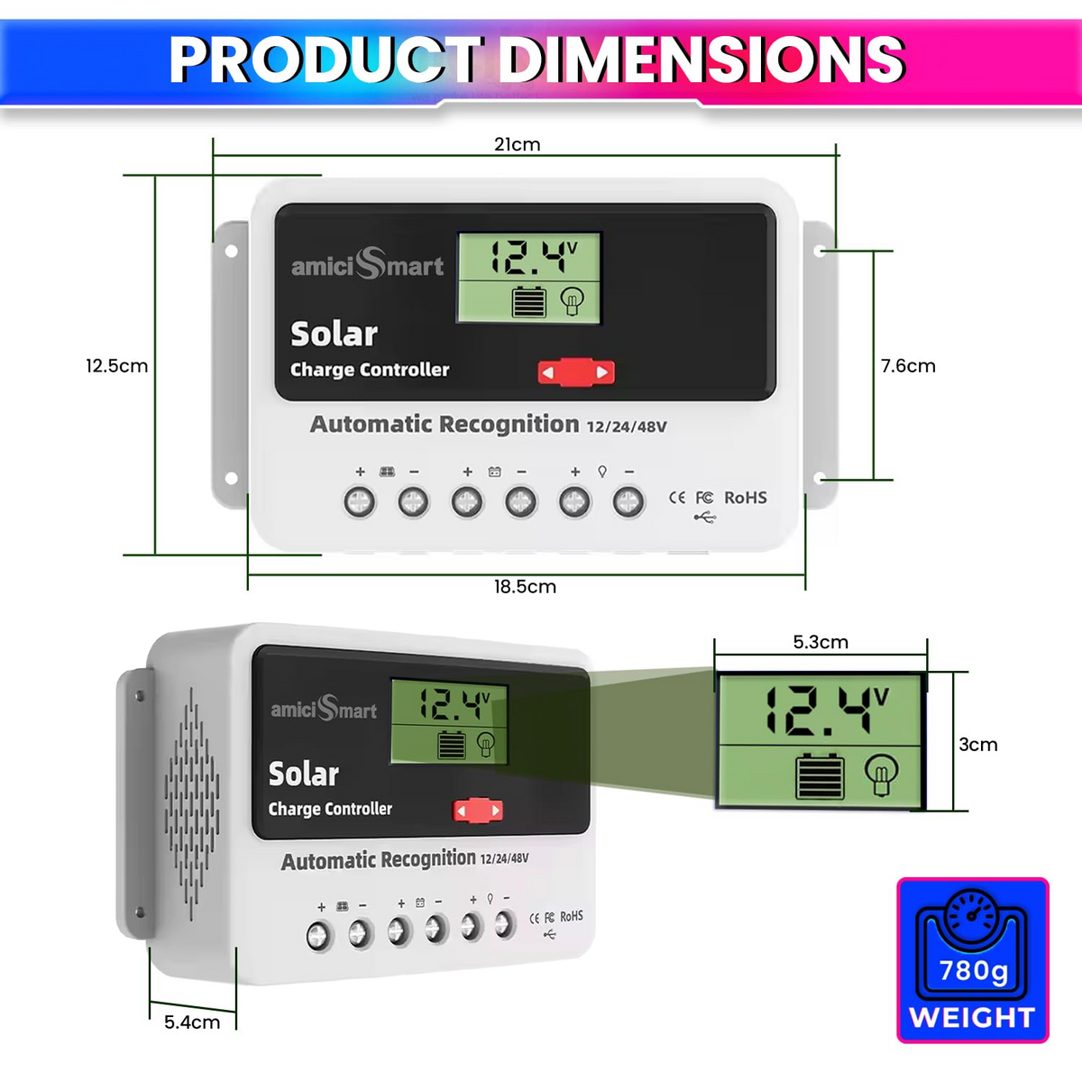 Solar Charge Controller 50A, Intelligent Battery Regulator for Solar Panel LCD Display with USB Port (50A)