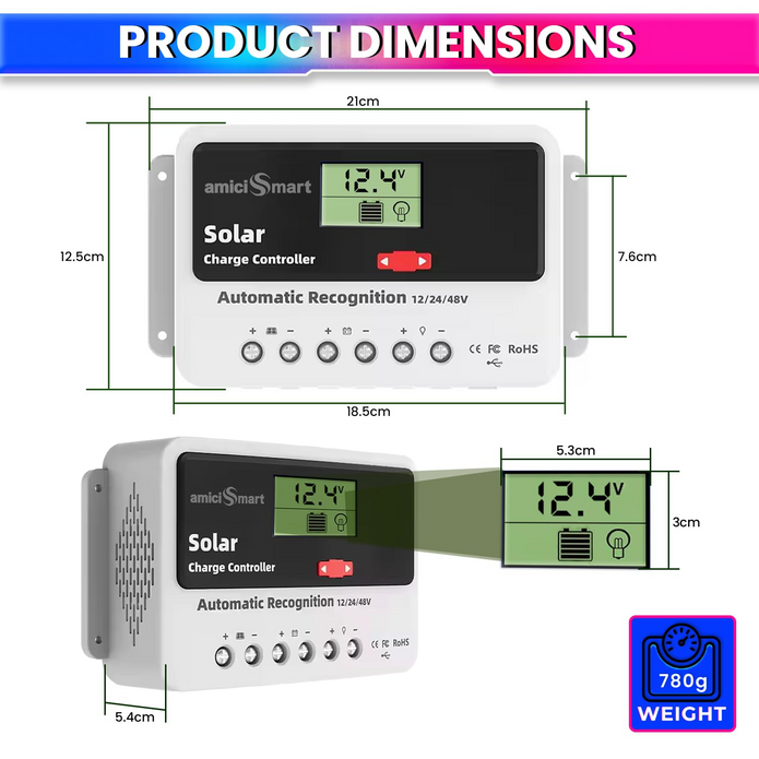 Solar Charge Controller 50A, Intelligent Battery Regulator for Solar Panel LCD Display with USB Port (50A)