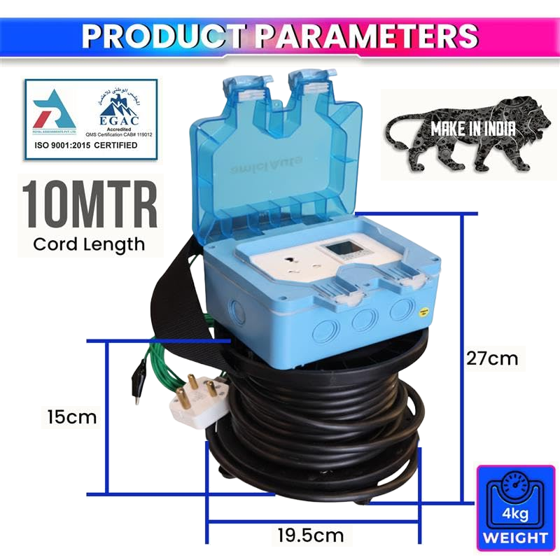 EV Charging Extension with Digital Meter & Voltage Protector, 10M Cable, IP66, 16A Pl
