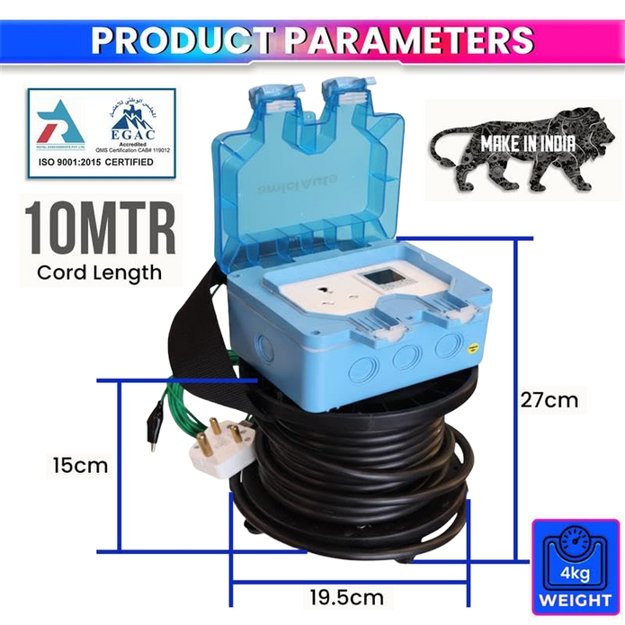 EV Charging Extension with Digital Meter & Voltage Protector, 10M Cable, IP66, 16A Pl