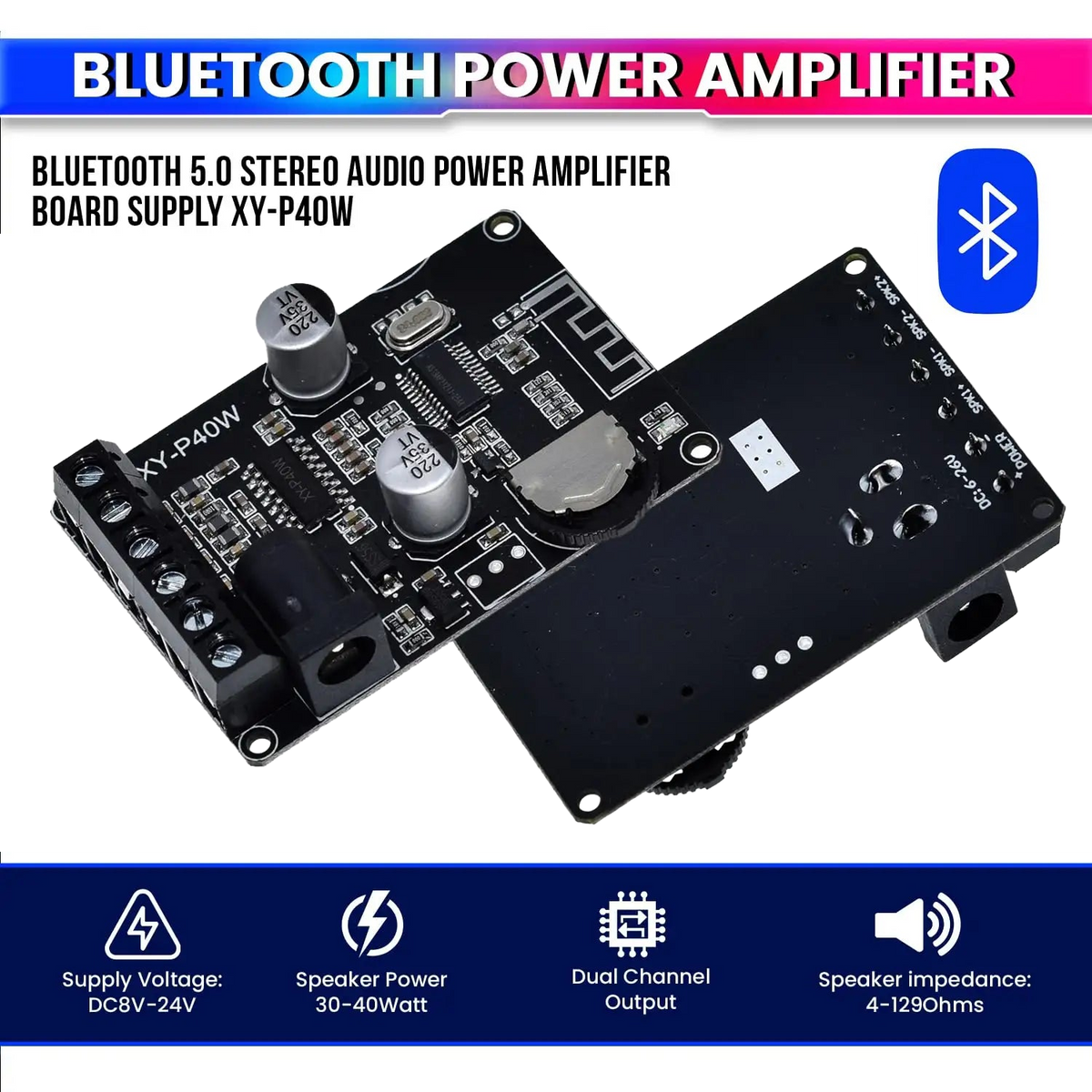 Mini Bluetooth 5.0 Amplifier Board – Dual Channel, Stepless Tuning, DC 8–24V DIY Speaker Audio Module