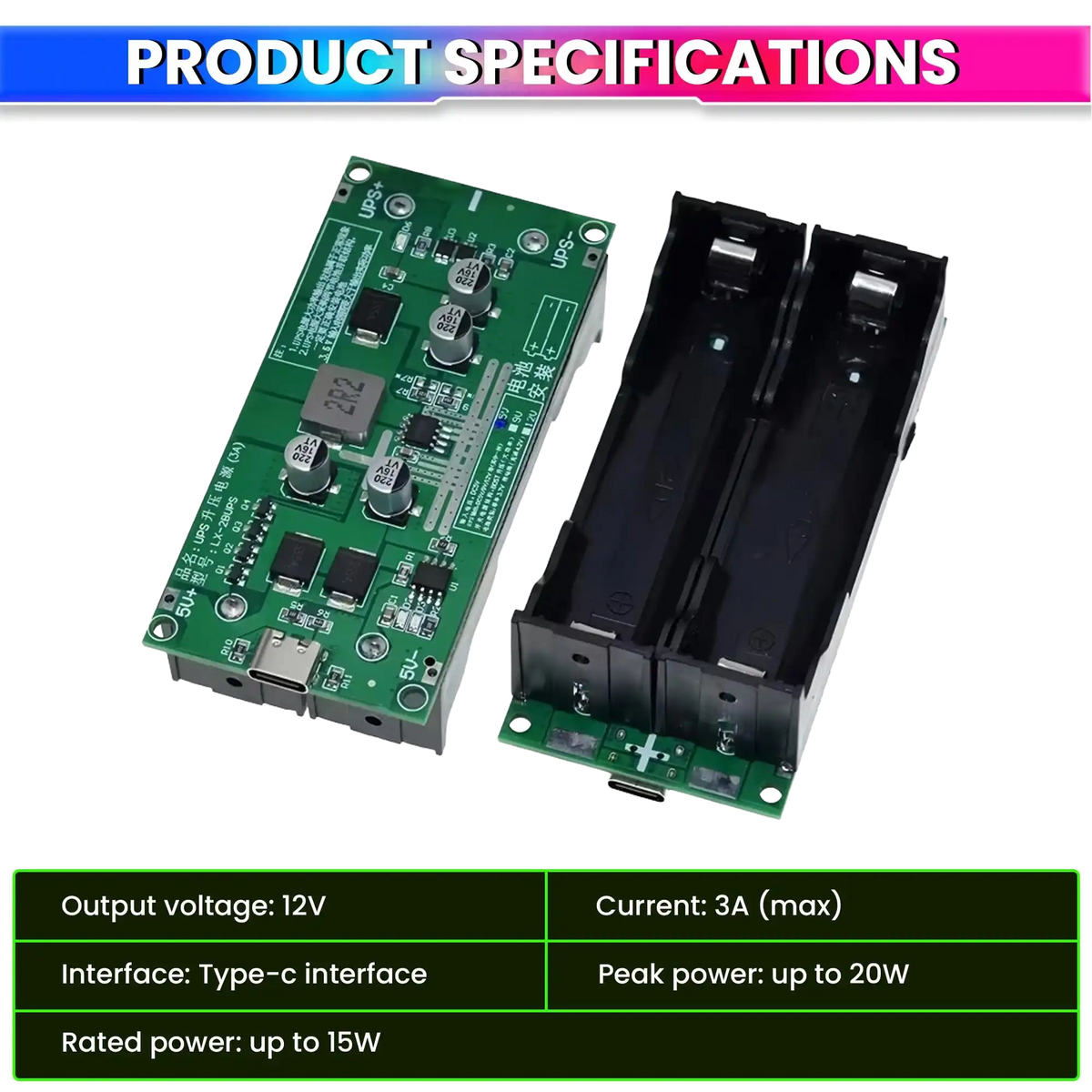 18650 Lithium Battery Charger Module with Type-C Input 5V to 12V DC-DC Step-Up Booster Converter & 3A Fast Charging