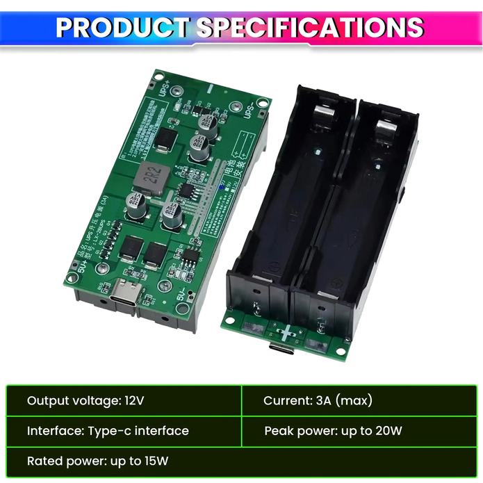 18650 Lithium Battery Charger Module with Type-C Input 5V to 12V DC-DC Step-Up Booster Converter & 3A Fast Charging