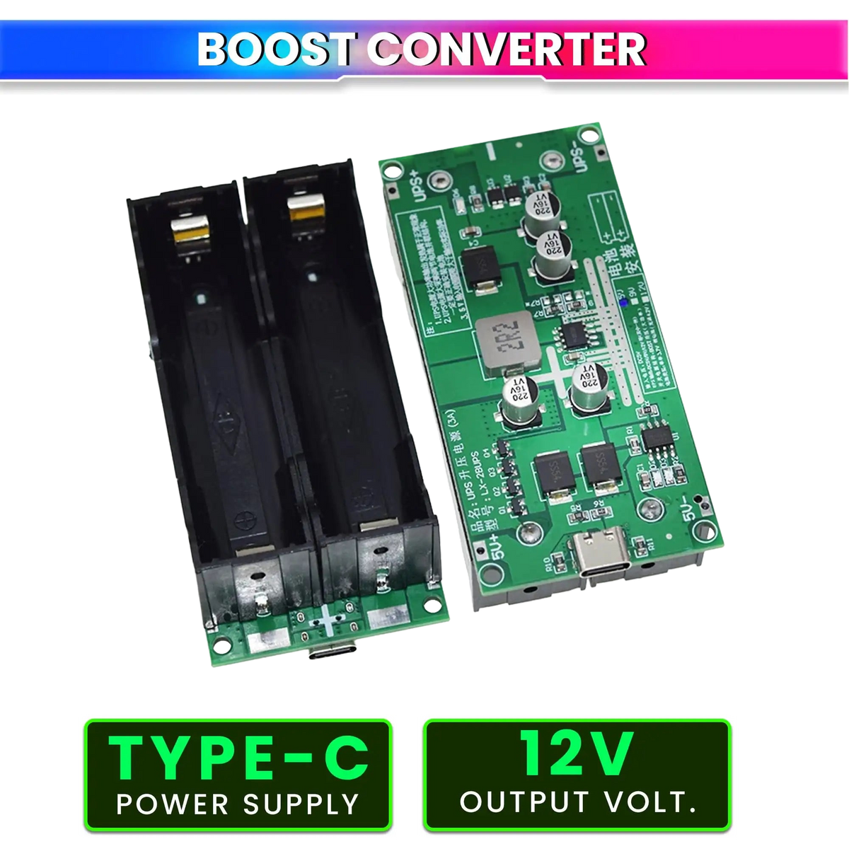 18650 Lithium Battery Charger Module with Type-C Input 5V to 12V DC-DC Step-Up Booster Converter & 3A Fast Charging