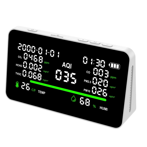 11-in-1 Air Quality Detector | CO₂, CO, PM2.5, PM10, HCHO, TVOC, AQI Monitor with Temperature & Humidity