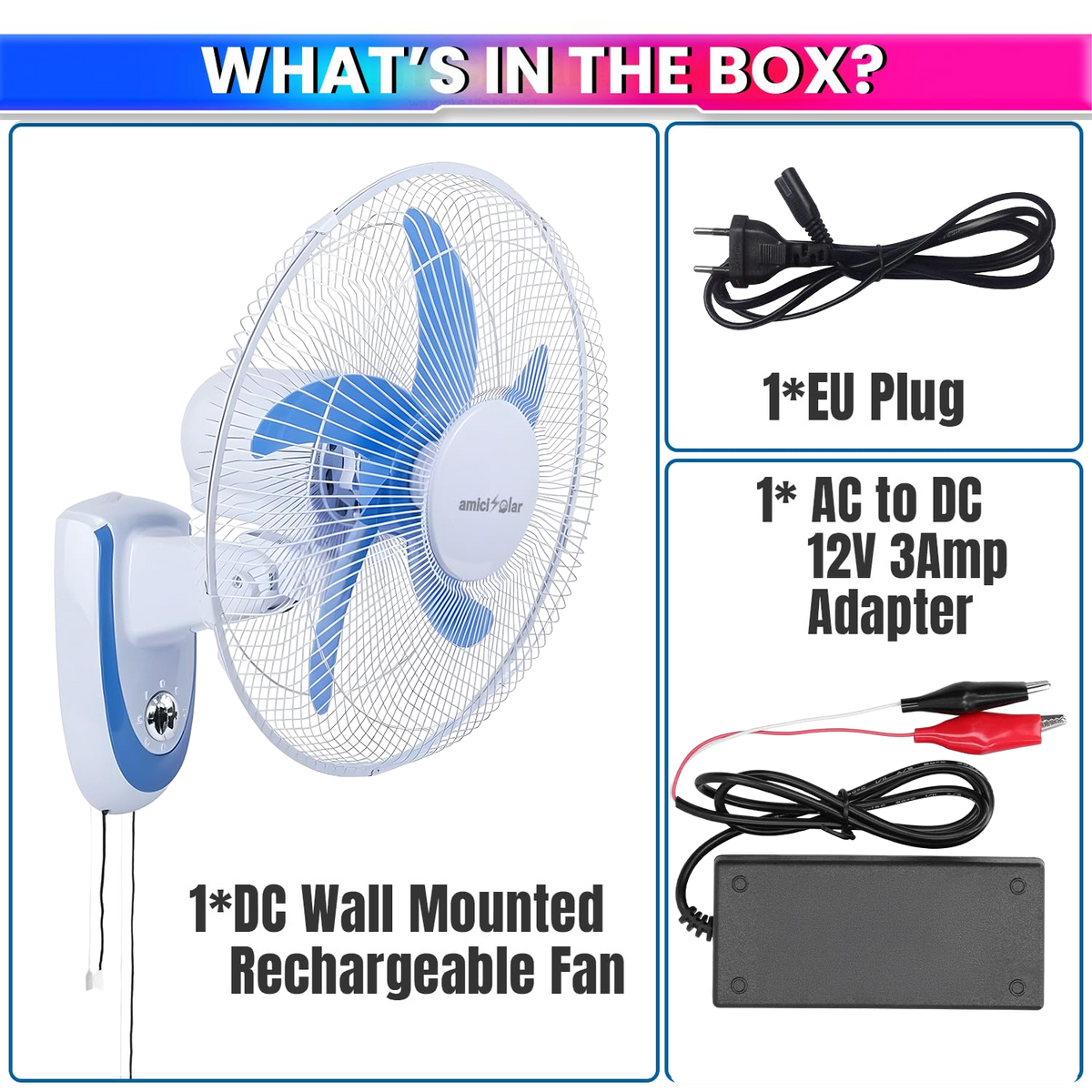 16-Inch BLDC Wall Mounted Rechargeable Fan with 12V 6.4Ah Lithium Battery | Dual Power AC/DC Fan