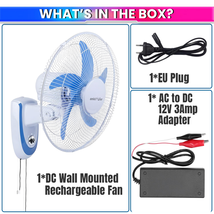 16-Inch BLDC Wall Mounted Rechargeable Fan with 12V 6.4Ah Lithium Battery | Dual Power AC/DC Fan