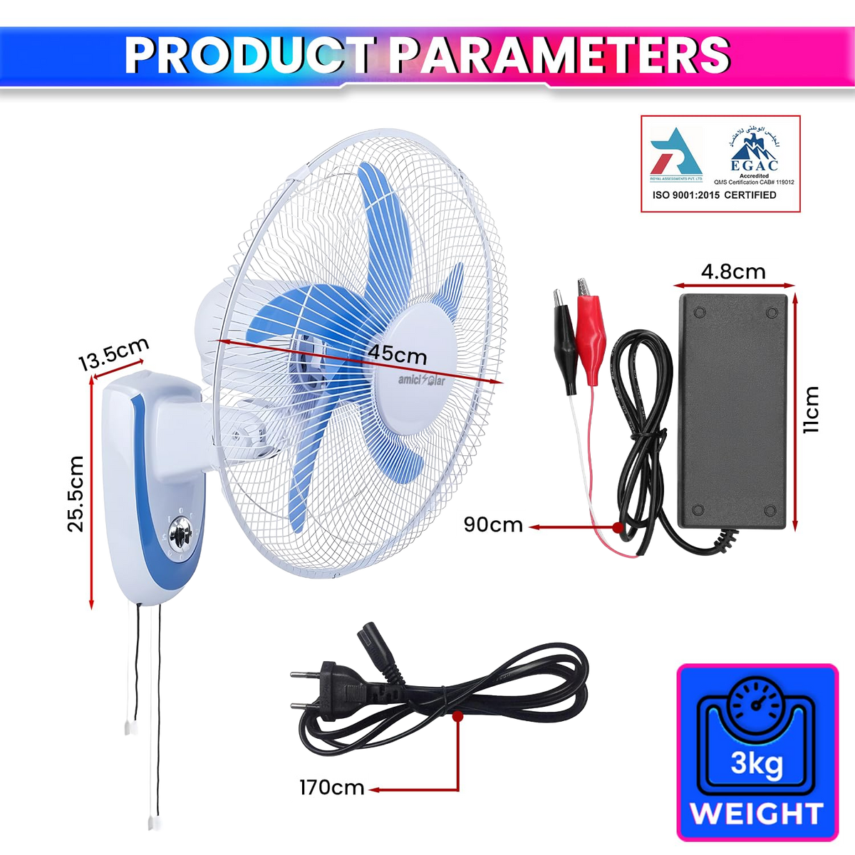 16-Inch BLDC Wall Mounted Rechargeable Fan with 12V 6.4Ah Lithium Battery | Dual Power AC/DC Fan