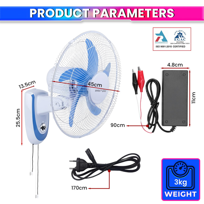 16-Inch BLDC Wall Mounted Rechargeable Fan with 12V 6.4Ah Lithium Battery | Dual Power AC/DC Fan
