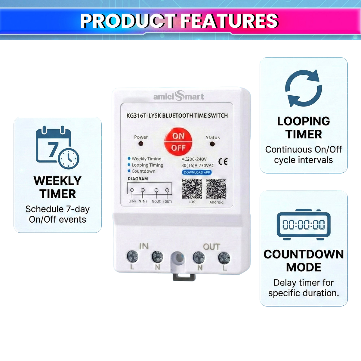 230V AC 30A Bluetooth Programmable Timer Switch DIN Rail Mounted