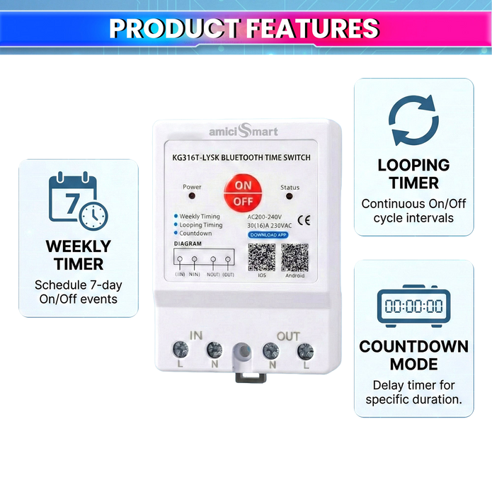 230V AC 30A Bluetooth Programmable Timer Switch DIN Rail Mounted