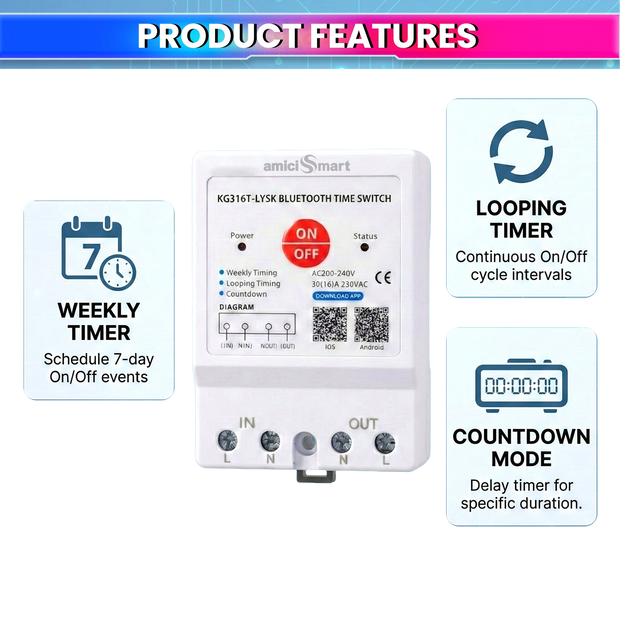 230V AC 30A Bluetooth Programmable Timer Switch DIN Rail Mounted