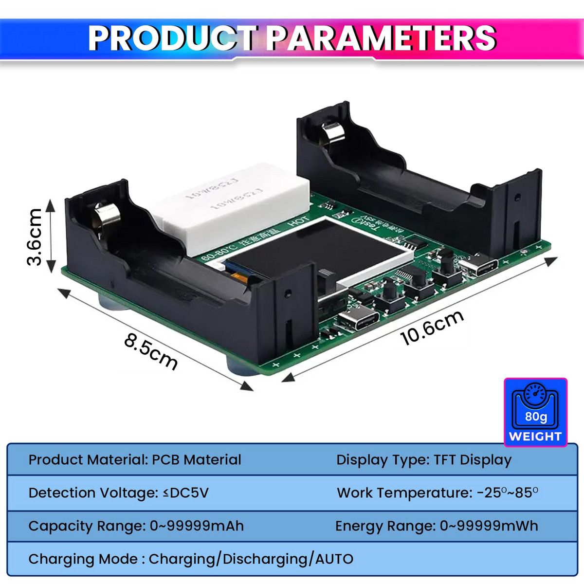 Battery Capacity Tester for 18650 Type, Digital Battery Power Detector Module