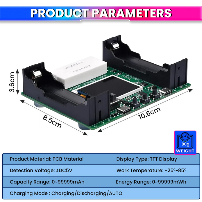 Battery Capacity Tester for 18650 Type, Digital Battery Power Detector Module