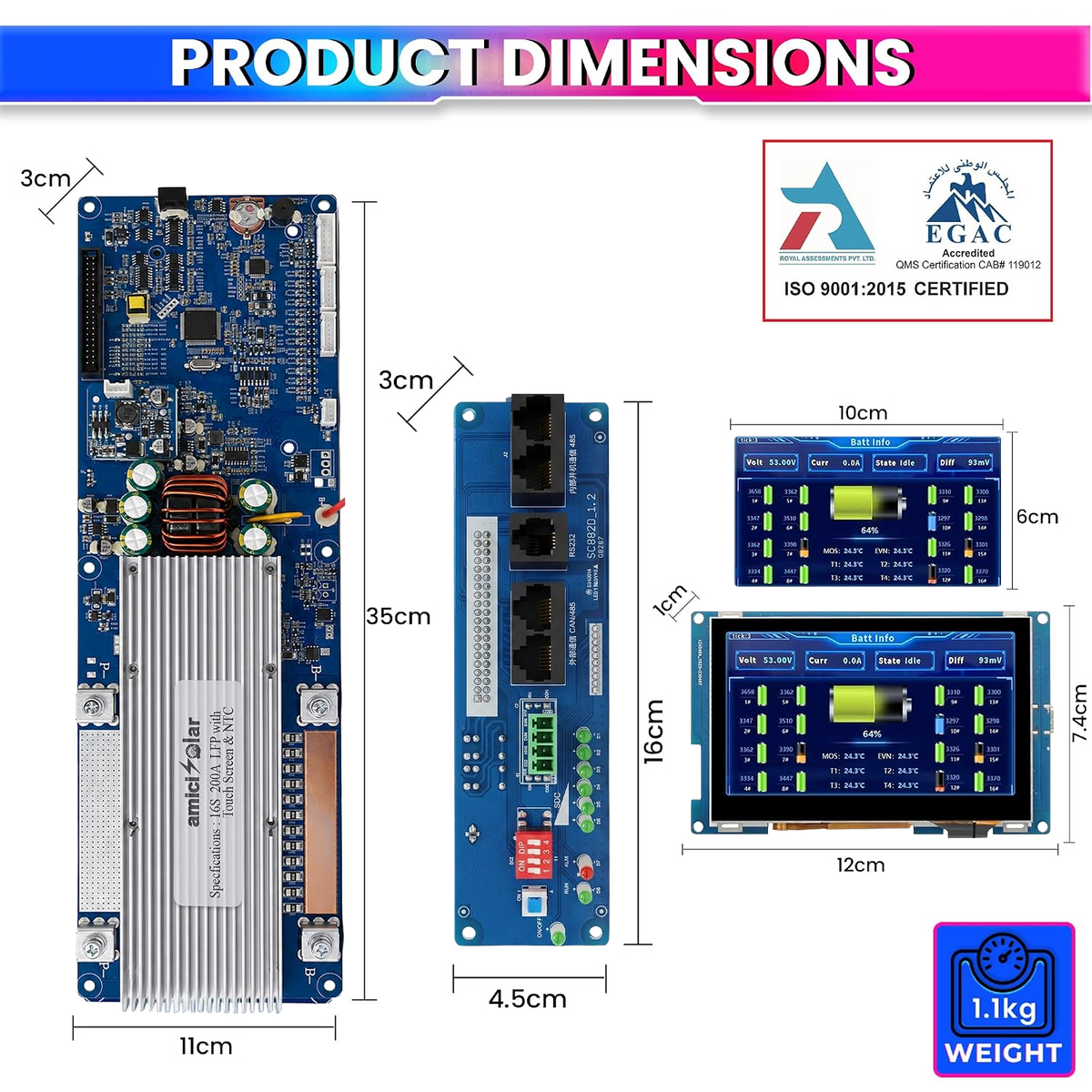 7S–16S 200A Smart BMS for LiFePO4 Battery Pack with HD TFT Display