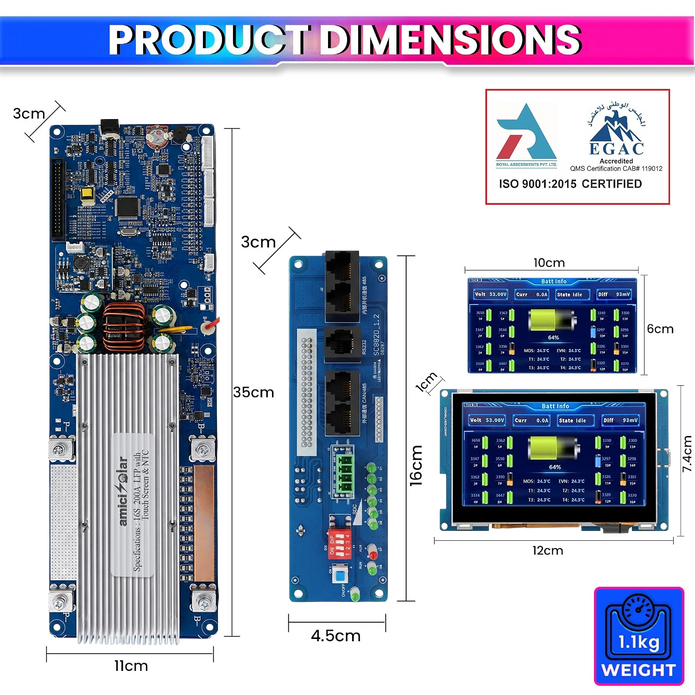 7S–16S 200A Smart BMS for LiFePO4 Battery Pack with HD TFT Display