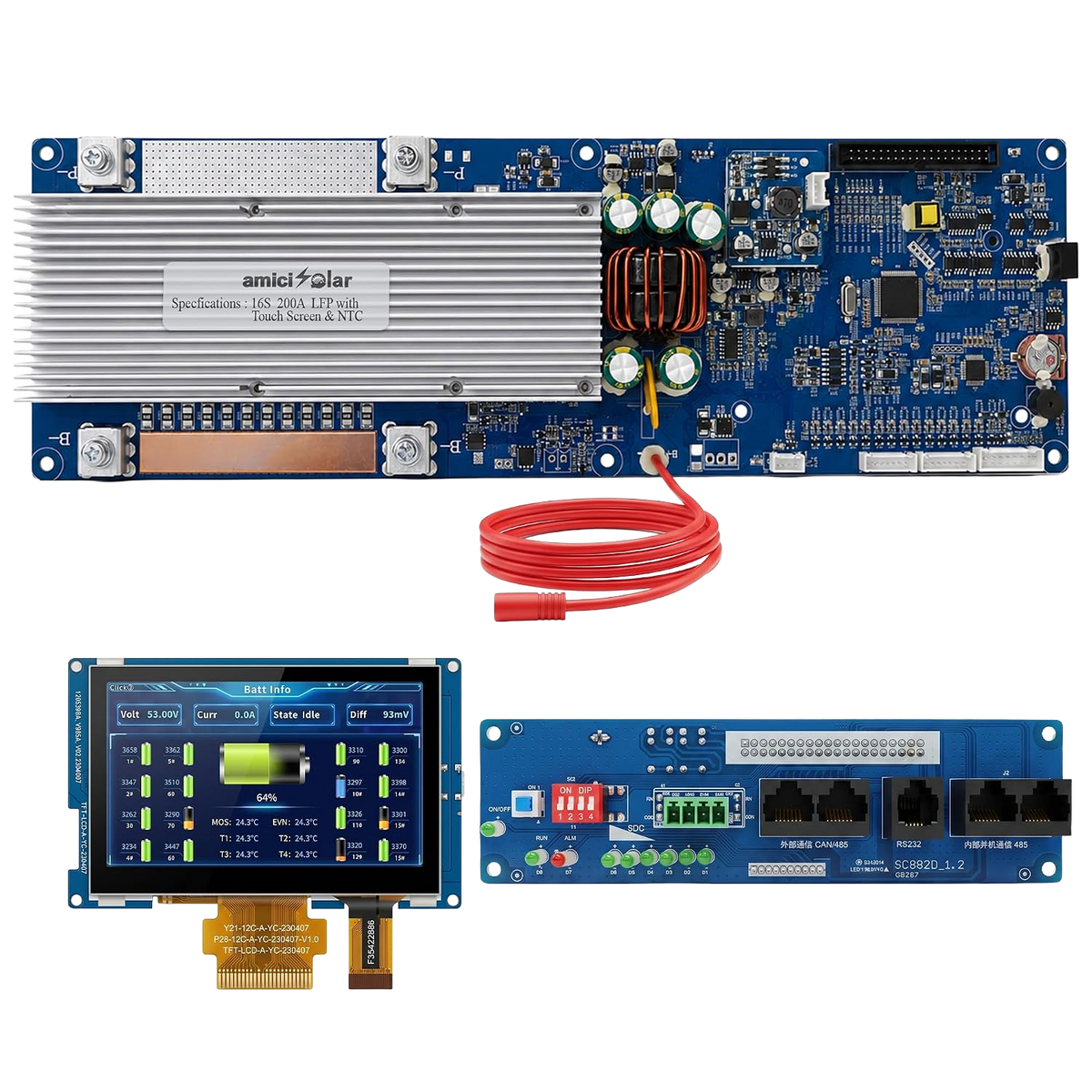 7S–16S 200A Smart BMS for LiFePO4 Battery Pack with HD TFT Display