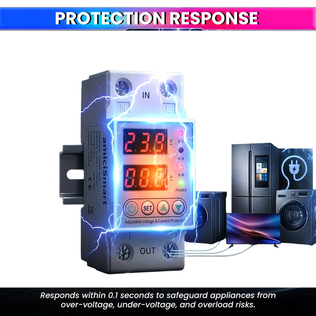 amiciSmart white 63A voltage protector — protection response