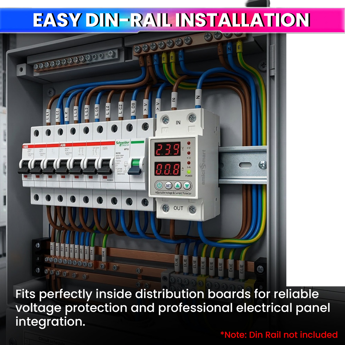 amiciSmart white 63A voltage protector — installation example