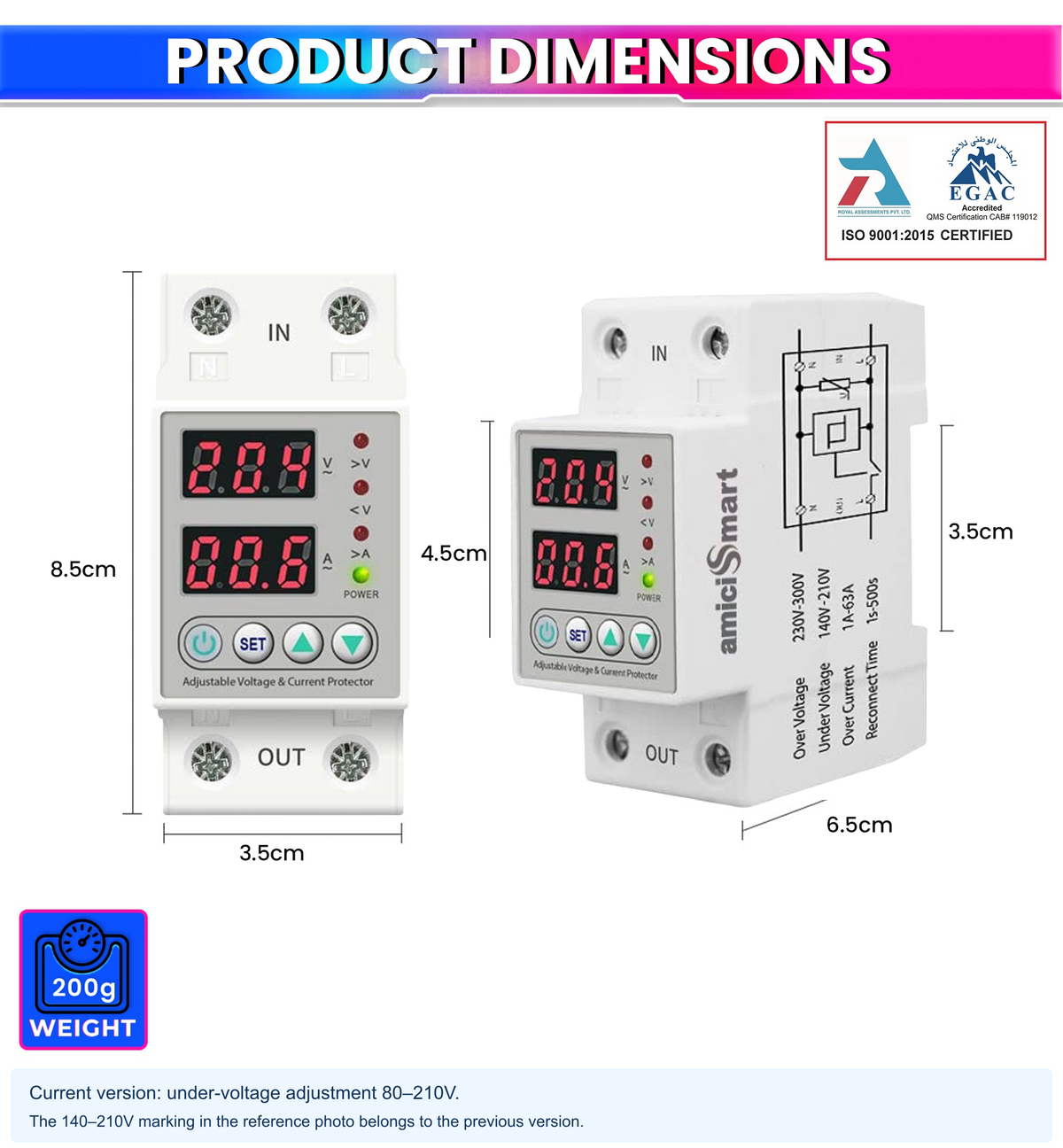 amiciSmart white 63A voltage protector — dimensions and weight